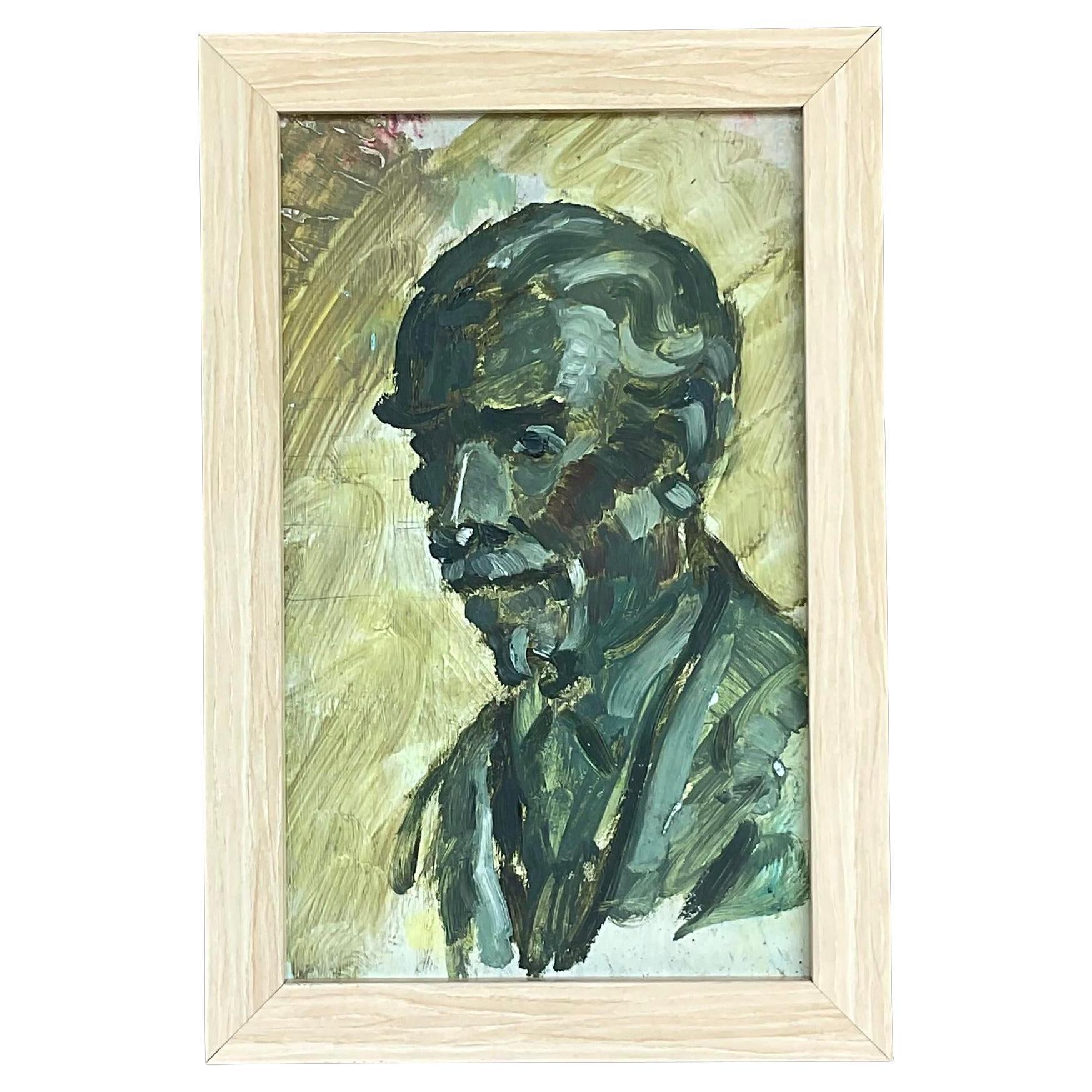 Portrait à l'huile original de Boho vintage sur carton