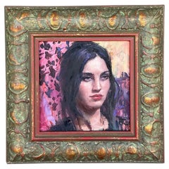 Ritratto originale ad olio su tavola vintage Boho
