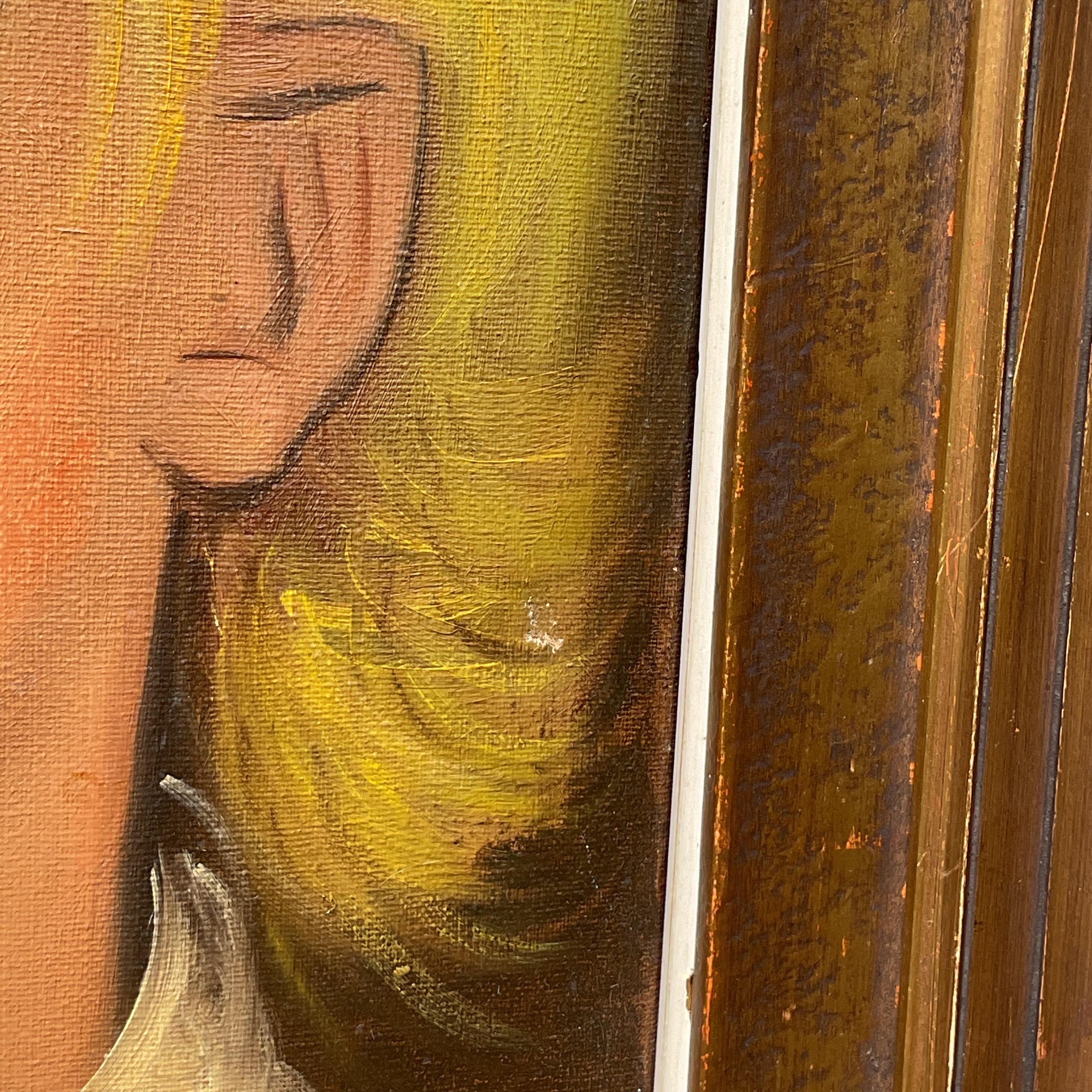 Ce portrait boho vintage à l'huile sur toile capture une expression sereine et intemporelle, apportant une touche d'élégance classique à tout espace. La peinture se caractérise par un travail de pinceau doux et des tons sourds, mettant en valeur les