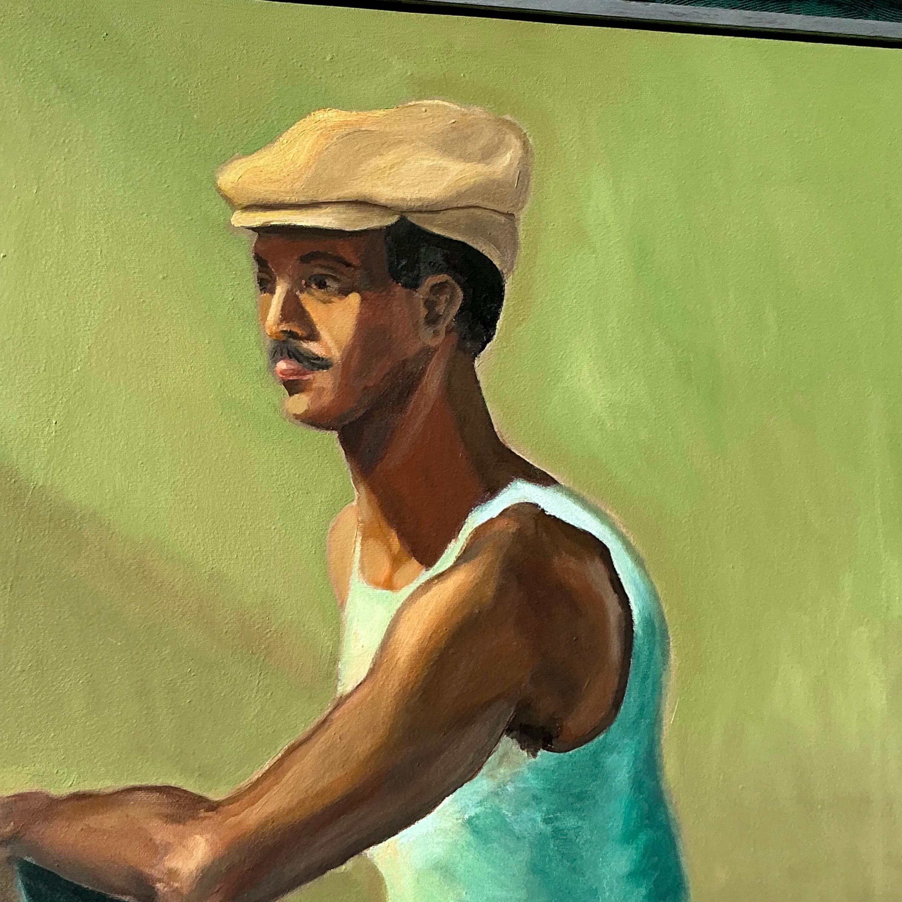 Ce portrait à l'huile vintage exquis capture l'essence de l'élégance décontractée. Représentant un homme dans une douce palette de vert et de crème, cette pièce incarne le charme et l'art discrets. La posture du personnage, assis sur un fond subtil,