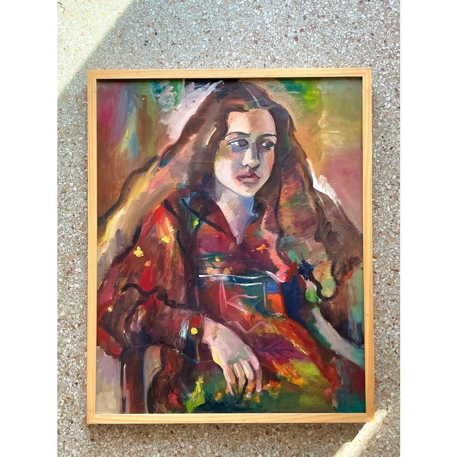 Ce magnifique portrait à l'huile vintage sur toile capture une représentation évocatrice et pleine d'âme d'une femme, avec des coups de pinceau vibrants et des tons terreux qui exsudent le charme bohème. Le jeu complexe des couleurs, des rouges
