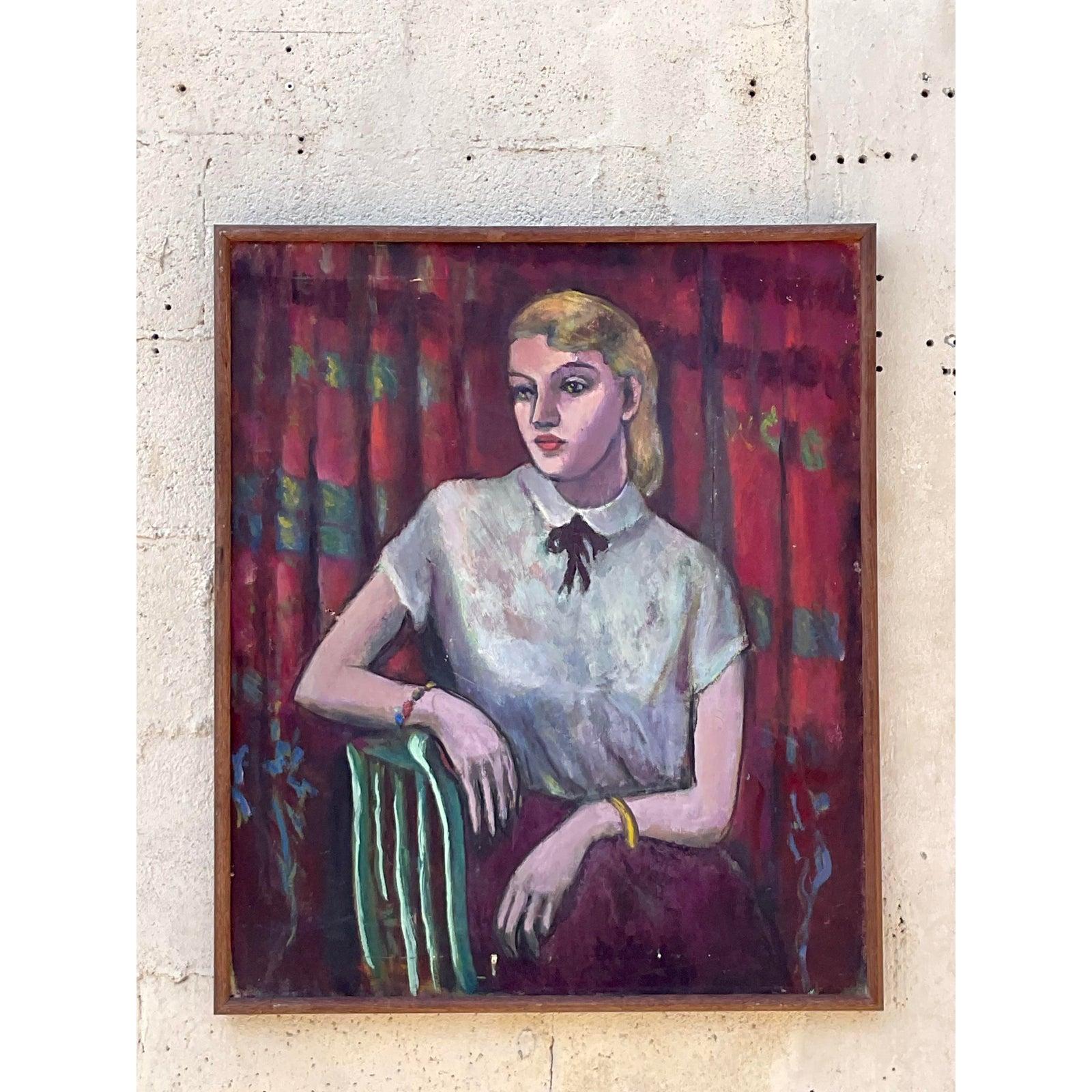 Capturez un moment d'introspection tranquille avec ce superbe portrait à l'huile vintage sur toile. L'artiste a habilement rendu une jeune femme pensive, son regard pensif et latéral se détachant sur une toile de fond rouge riche et atmosphérique.