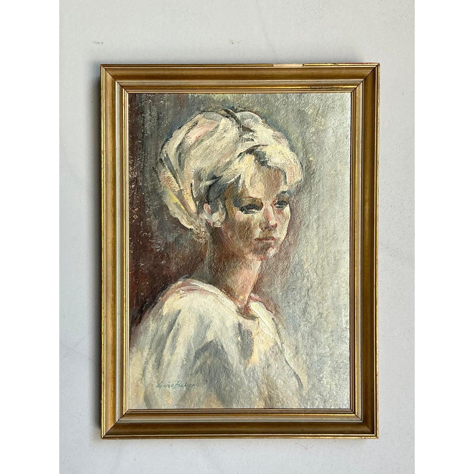 Capturez l'élégance d'une époque révolue avec ce superbe portrait à l'huile vintage. Peinte de main de maître sur toile, cette œuvre originale représente une femme coiffée d'un turban chic, dont l'expression pensive est capturée par des coups de
