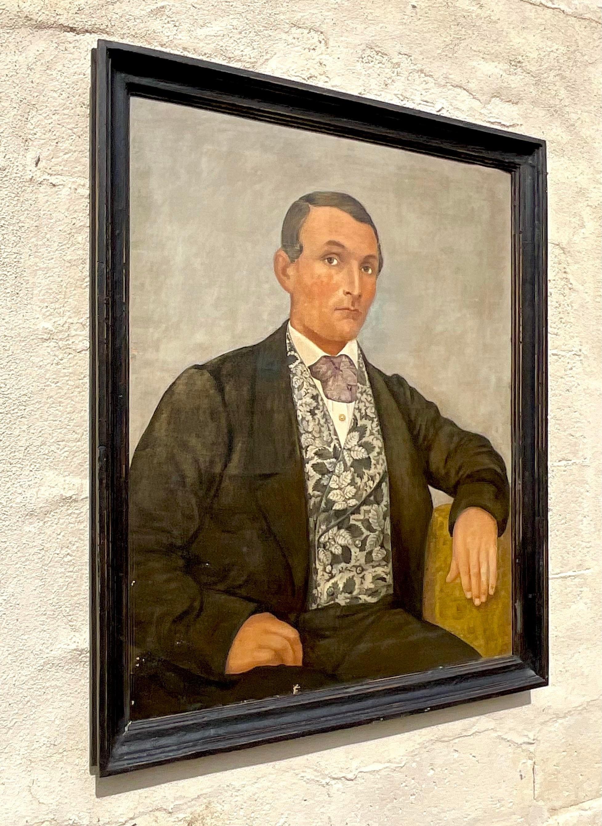 Vintage Boho Original Oil Portrait on Canvas For Sale at 1stDibs
