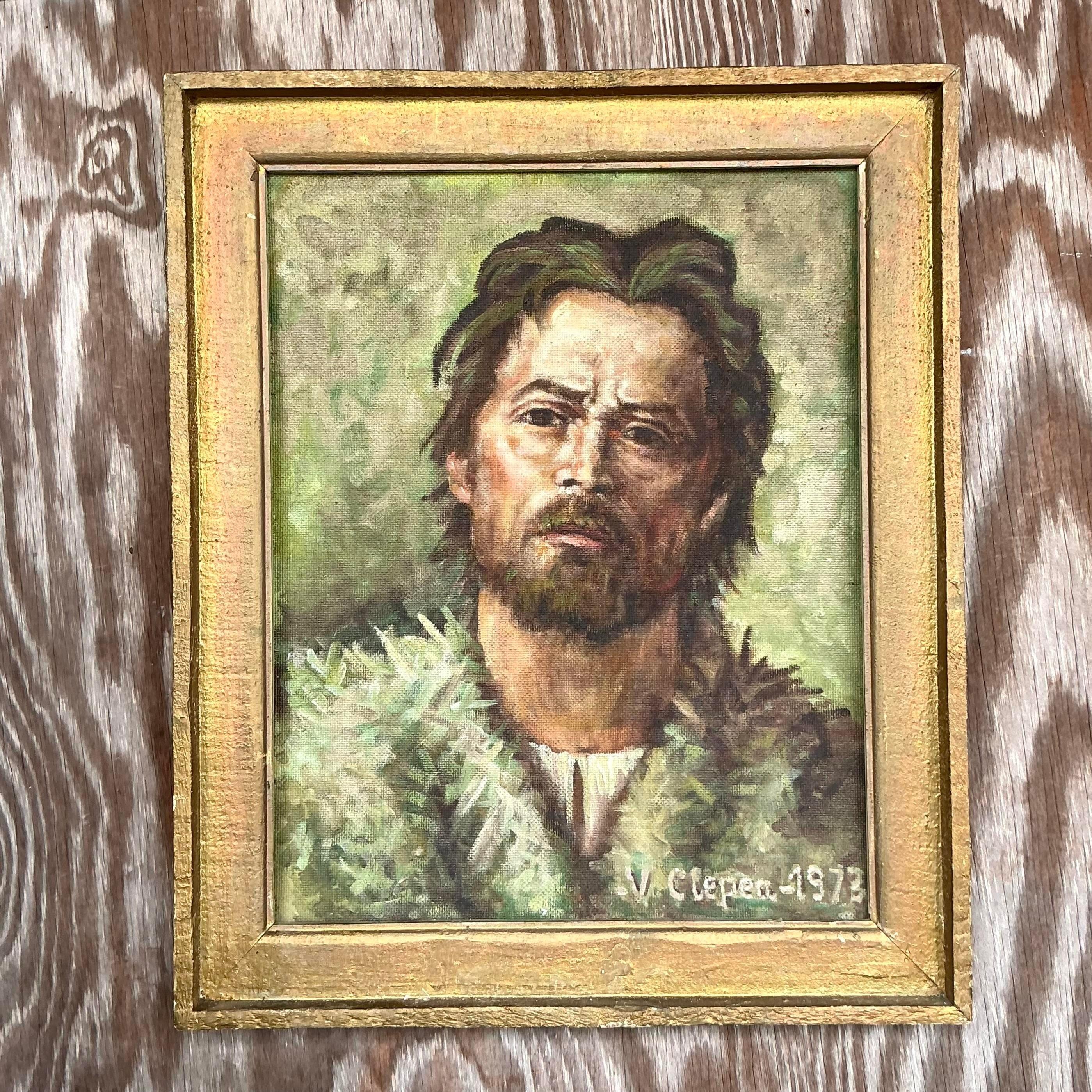 Américain Portrait à l'huile original de Boho sur toile en vente