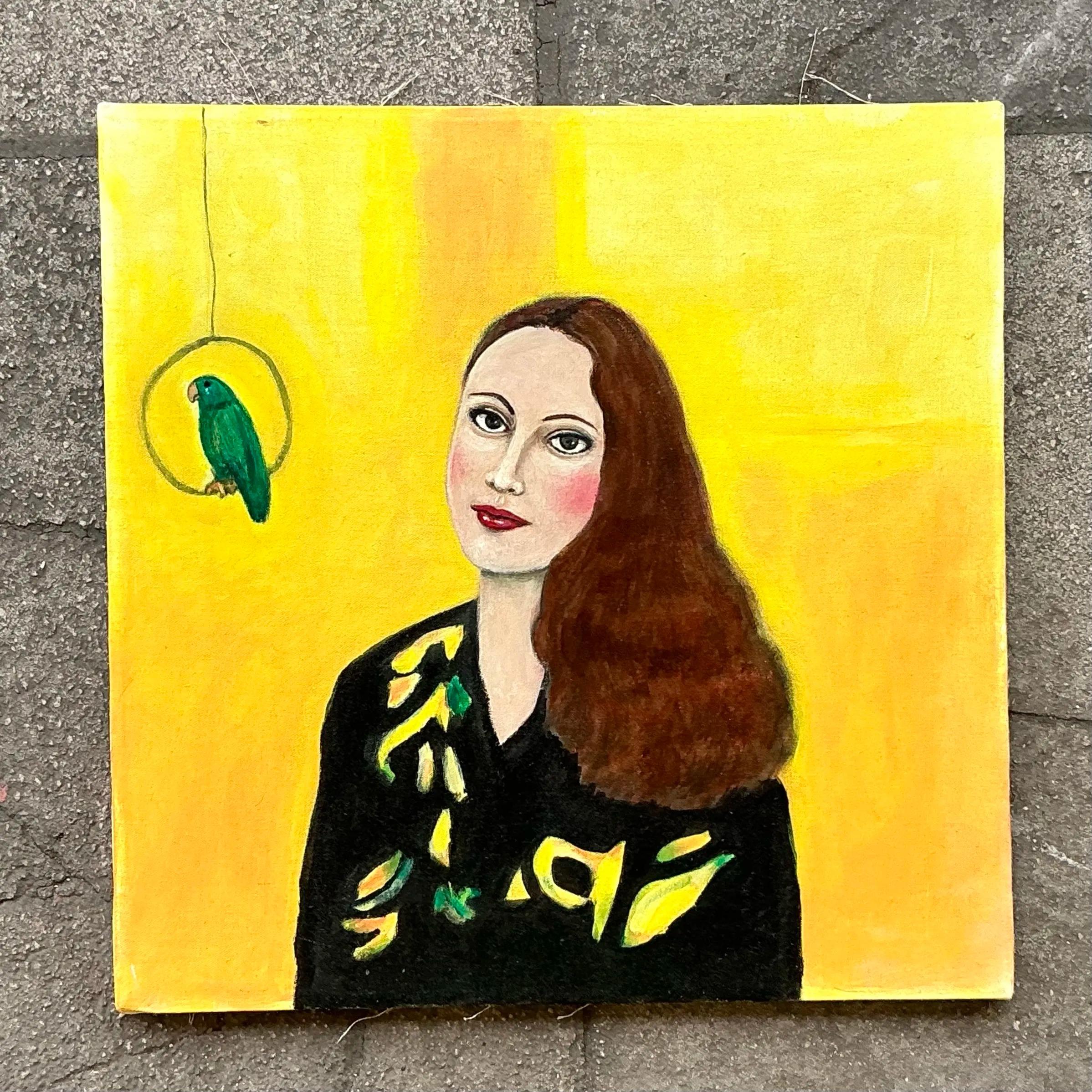 Américain Portrait à l'huile original de Boho sur toile en vente