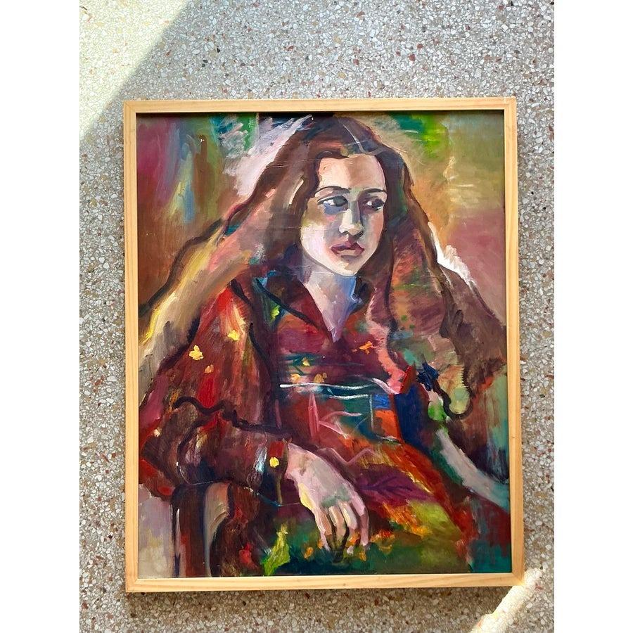 Américain Portrait à l'huile original de Boho sur toile en vente