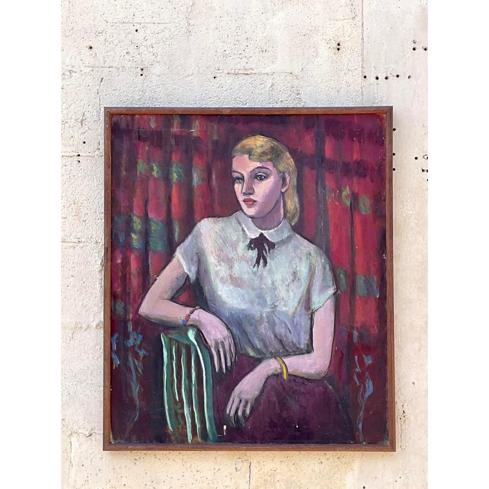 Mid-Century Modern Portrait à l'huile original de Boho sur toile en vente