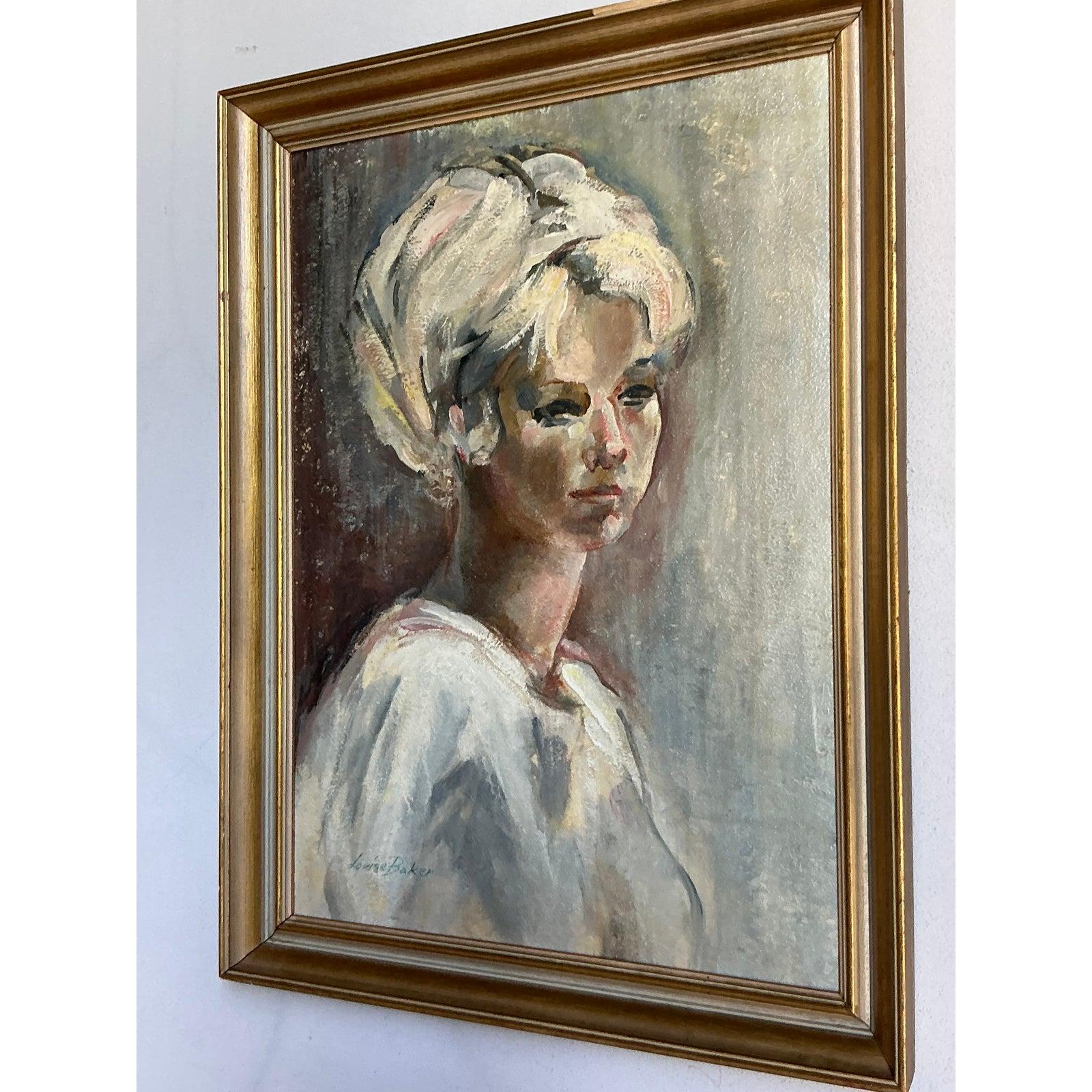 Mid-Century Modern Portrait à l'huile original de Boho sur toile en vente