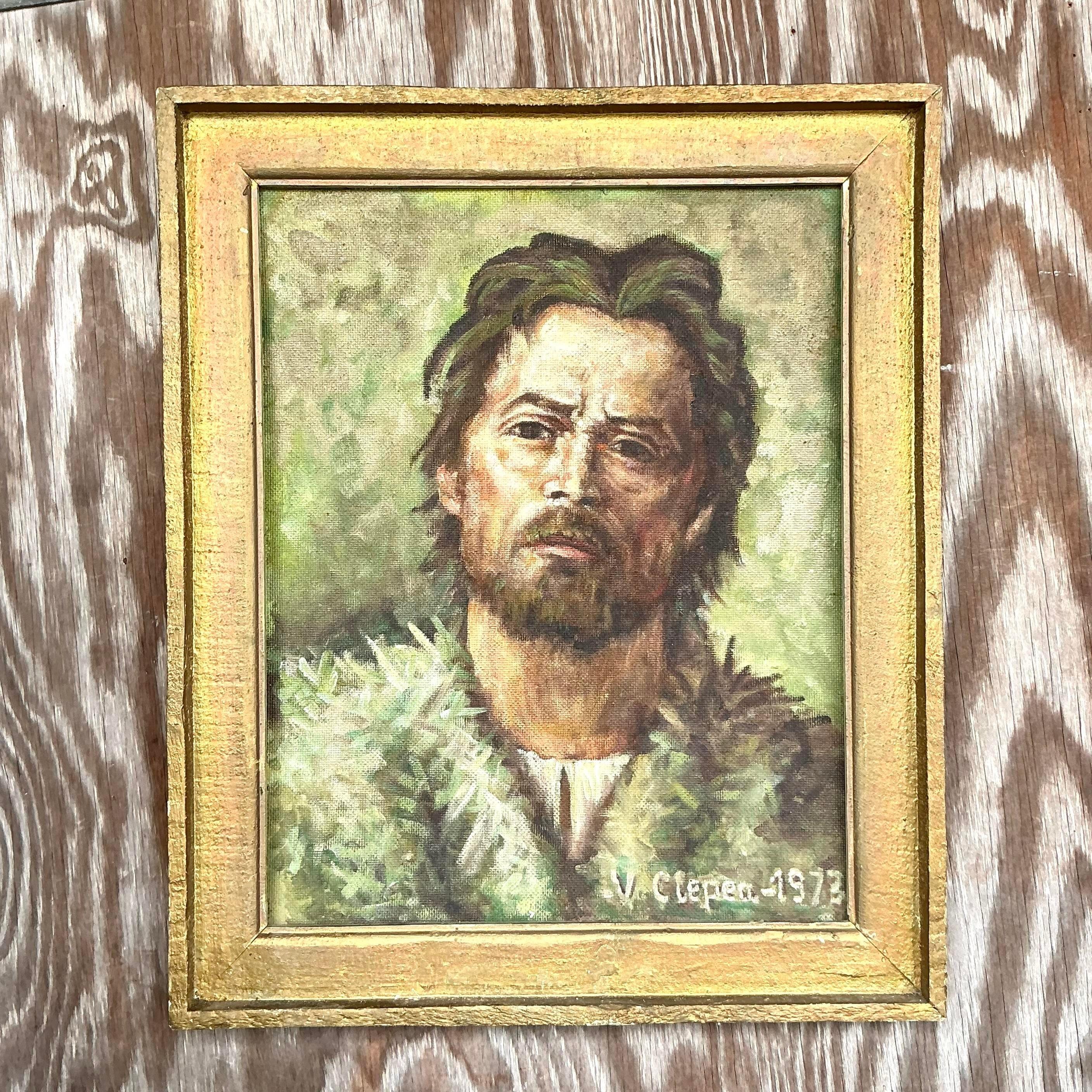 Portrait à l'huile original de Boho sur toile Bon état - En vente à West Palm Beach, FL