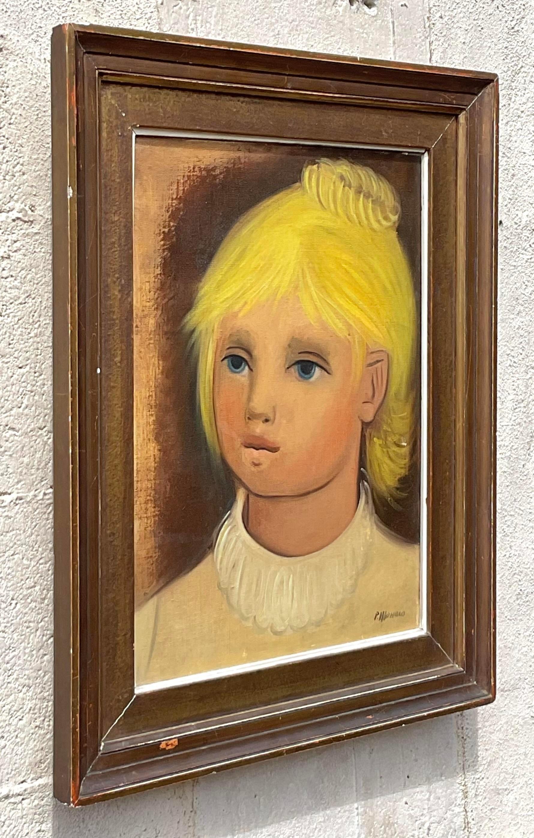 Portrait à l'huile original de Boho sur toile Bon état - En vente à West Palm Beach, FL