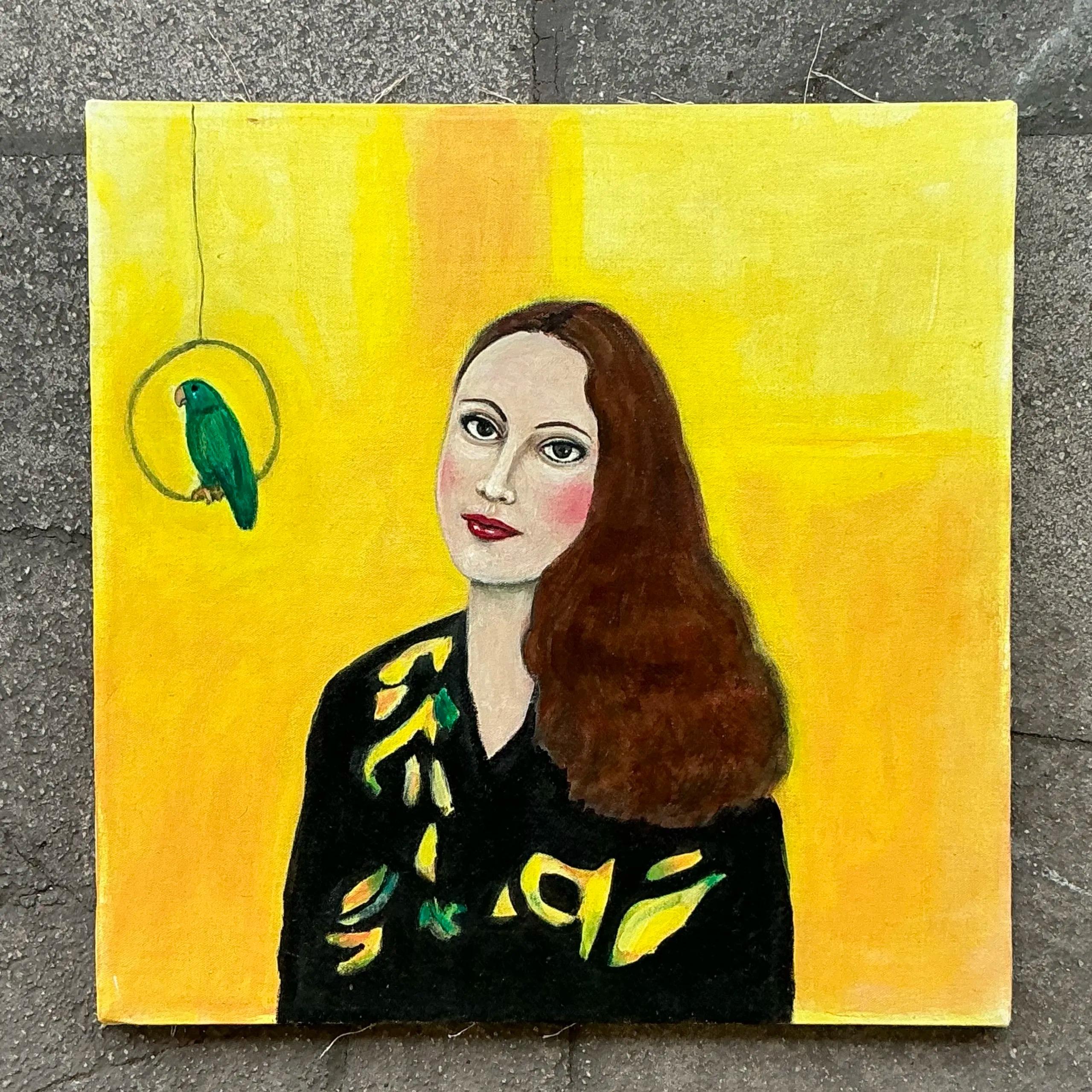 Portrait à l'huile original de Boho sur toile Bon état - En vente à West Palm Beach, FL