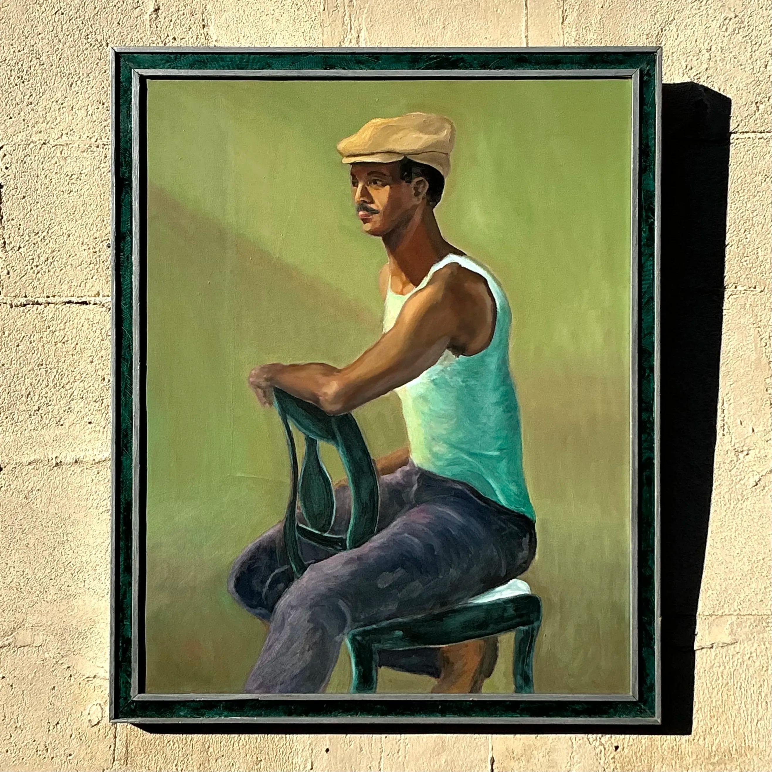 Portrait à l'huile original de Boho sur toile Bon état - En vente à West Palm Beach, FL