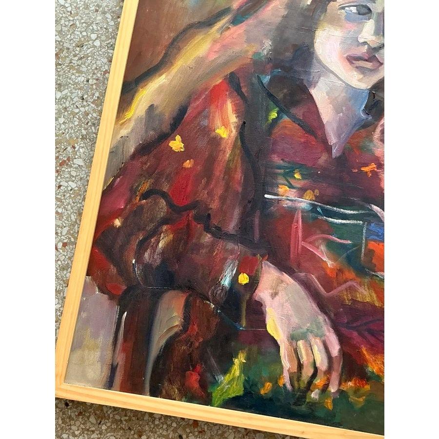 Portrait à l'huile original de Boho sur toile Bon état - En vente à West Palm Beach, FL