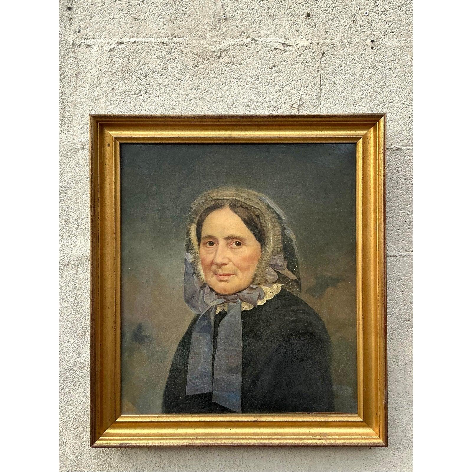 Portrait à l'huile original de Boho sur toile Bon état - En vente à West Palm Beach, FL