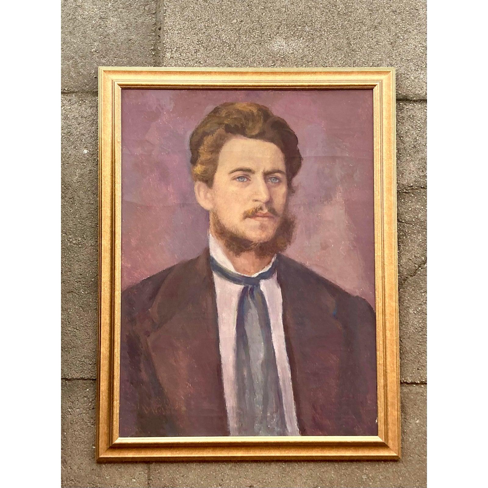 Portrait à l'huile original de Boho sur toile Bon état - En vente à west palm beach, FL