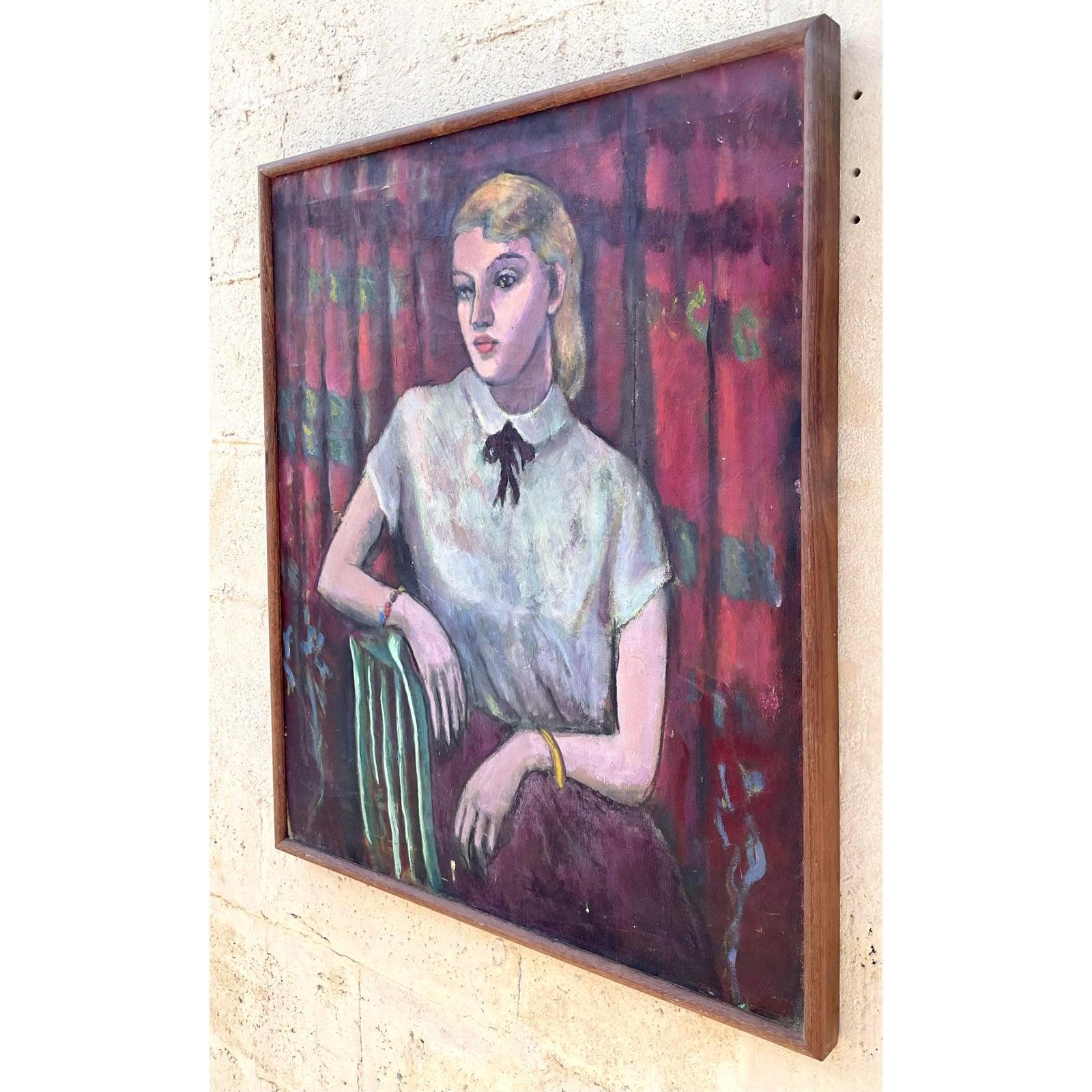 Américain Portrait à l'huile original de Boho sur toile en vente