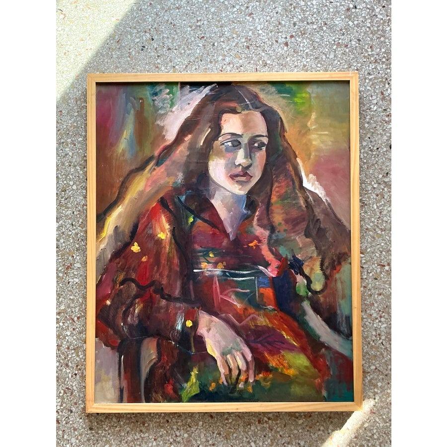 20ième siècle Portrait à l'huile original de Boho sur toile en vente