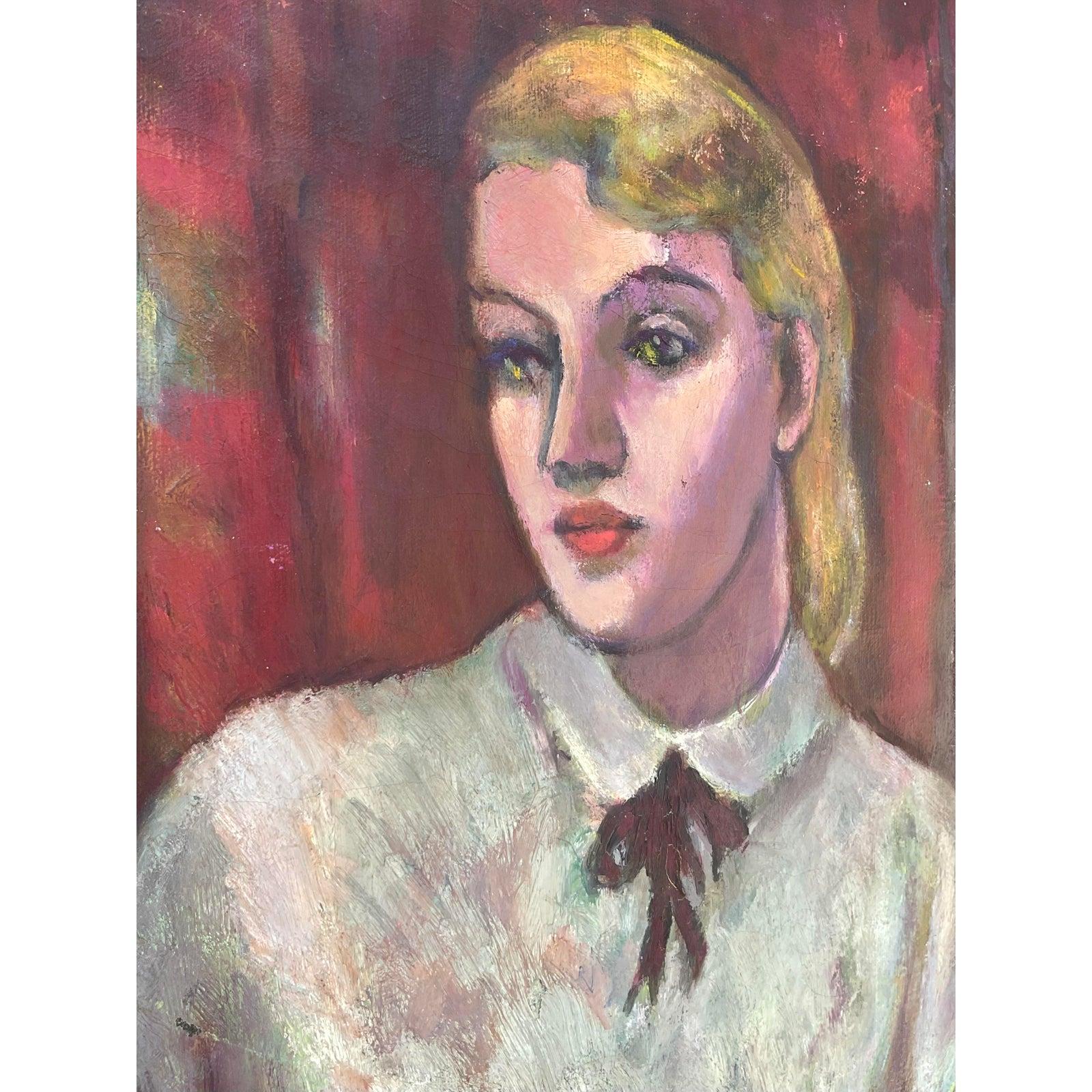 Portrait à l'huile original de Boho sur toile Bon état - En vente à west palm beach, FL
