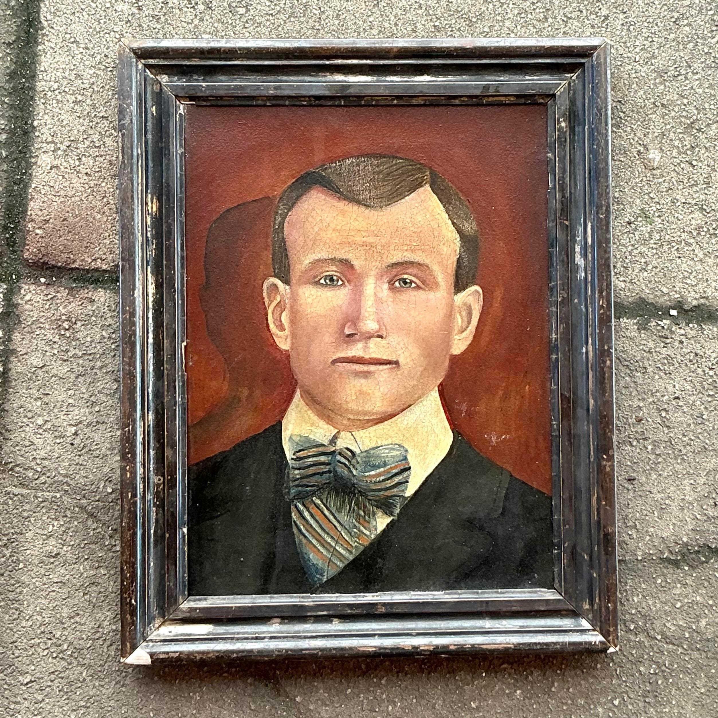 Vintage Boho Original Oil Portrait on Canvas For Sale at 1stDibs