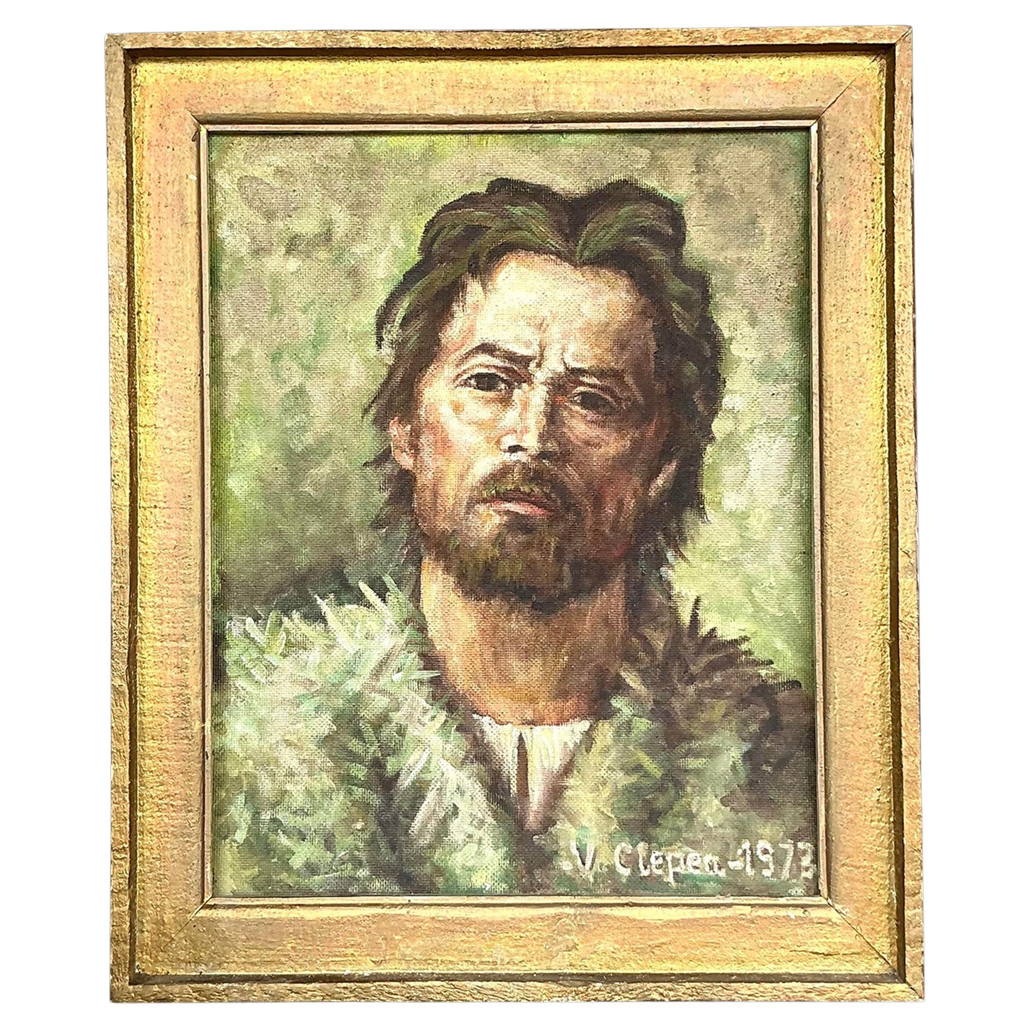 Original Vintage Boho, Ölporträt auf Leinwand, Vintage