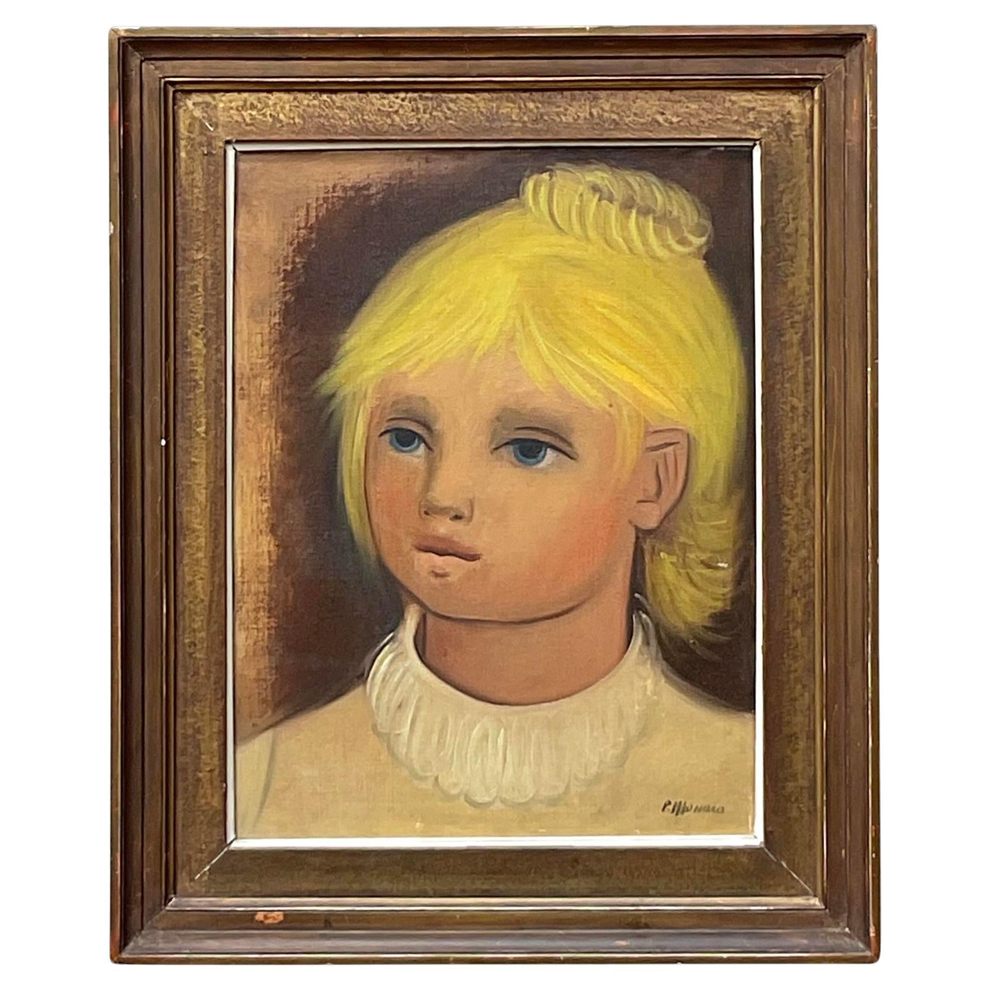 Vintage Boho Original Oil Portrait on Canvas