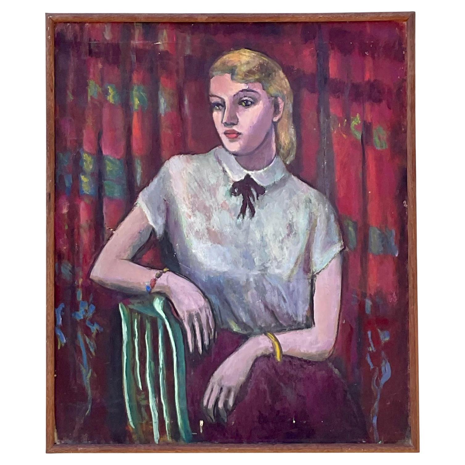 Portrait à l'huile original de Boho sur toile en vente