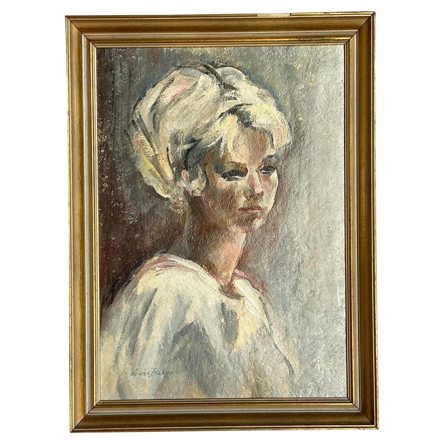 Vintage Boho Retrato al óleo original sobre lienzo
