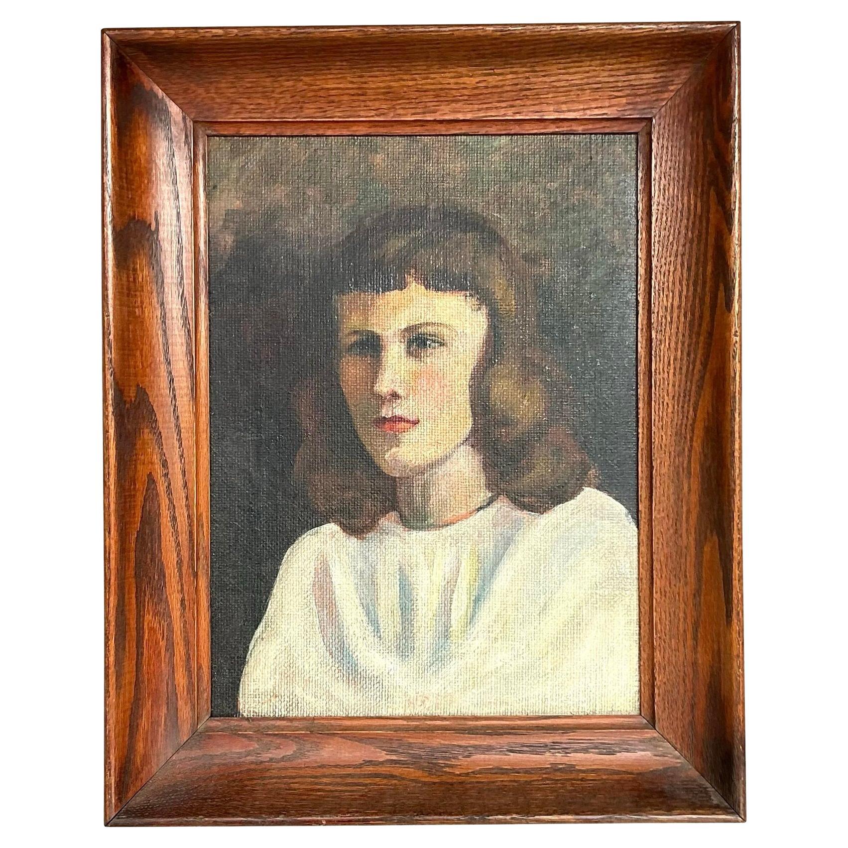 Vintage Boho Original Oil Portrait on Canvas, Framed For Sale at 1stDibs