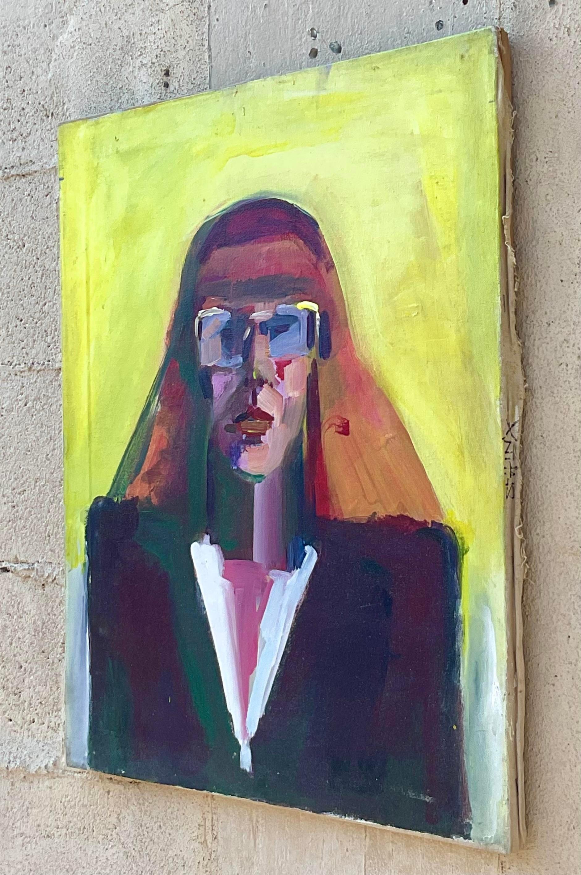 Vintage Boho Retrato original al óleo sobre lienzo Pintura en Bueno estado para la venta en west palm beach, FL