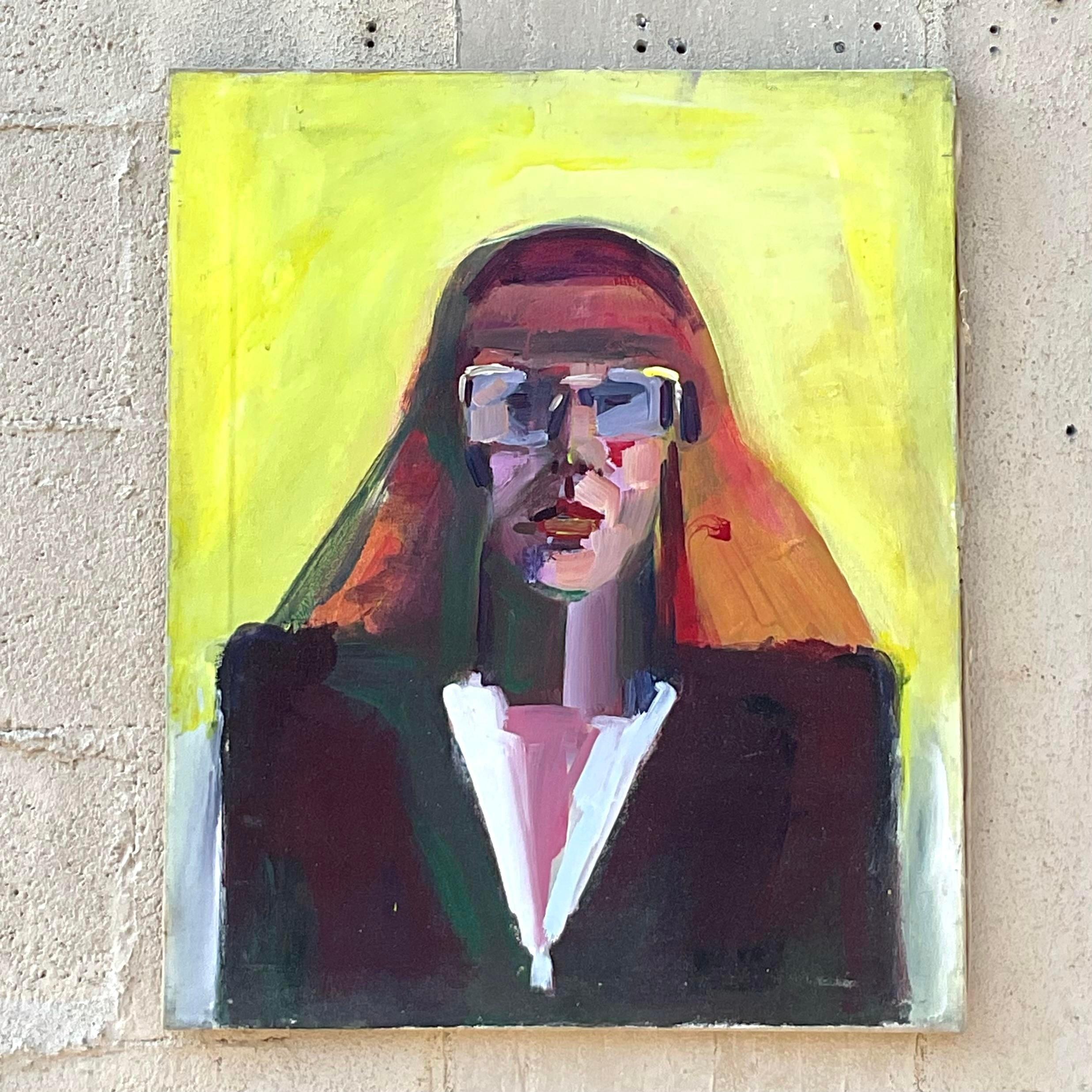 Vintage Boho Retrato original al óleo sobre lienzo Pintura siglo XX en venta