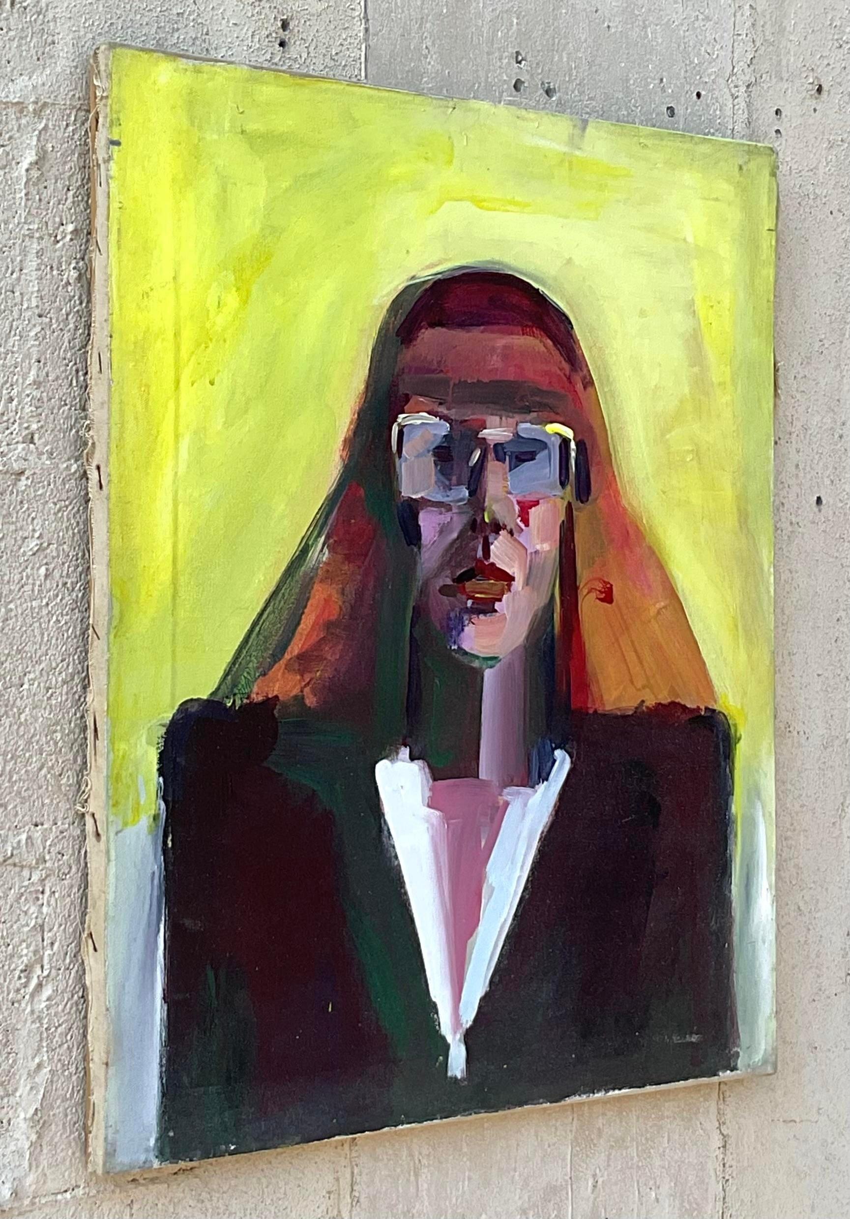 Vintage Boho Retrato original al óleo sobre lienzo Pintura Lienzo en venta