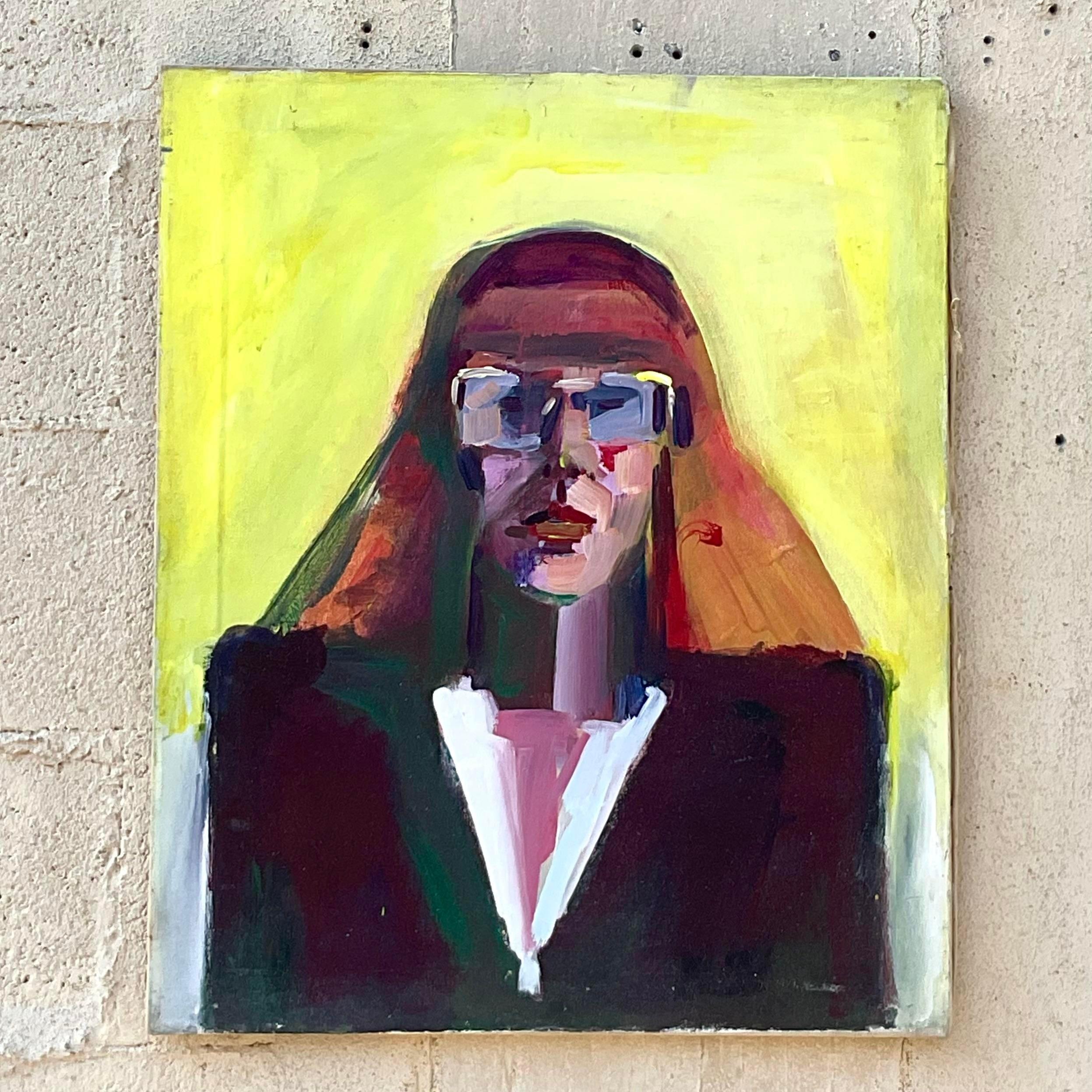 Vintage Boho Retrato original al óleo sobre lienzo Pintura en venta 1