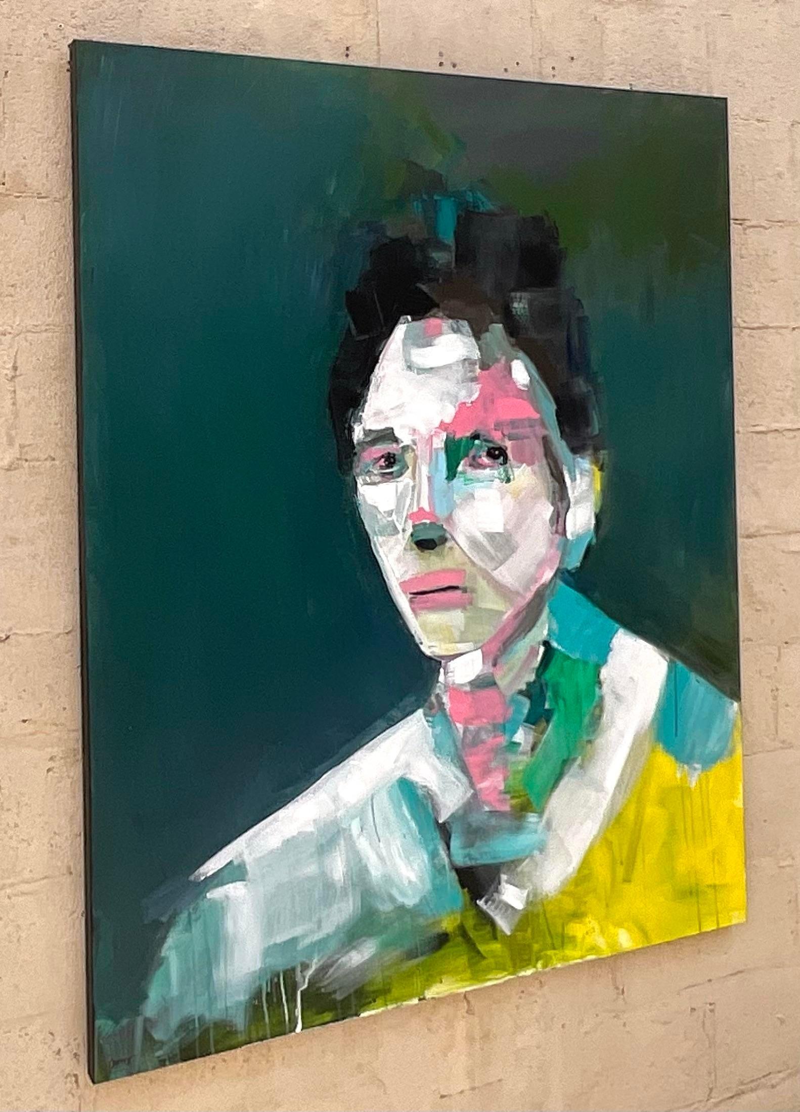 Vintage Boho Original Oil Portrait on Canvas Painting For Sale at 1stDibs
