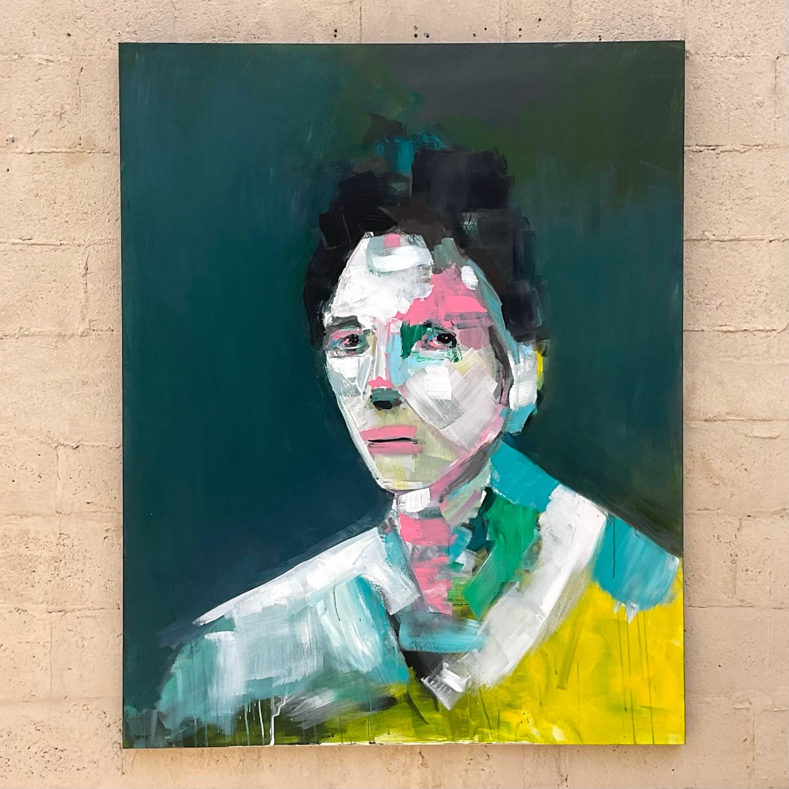 Vintage Boho Original Oil Portrait on Canvas Painting For Sale at 1stDibs