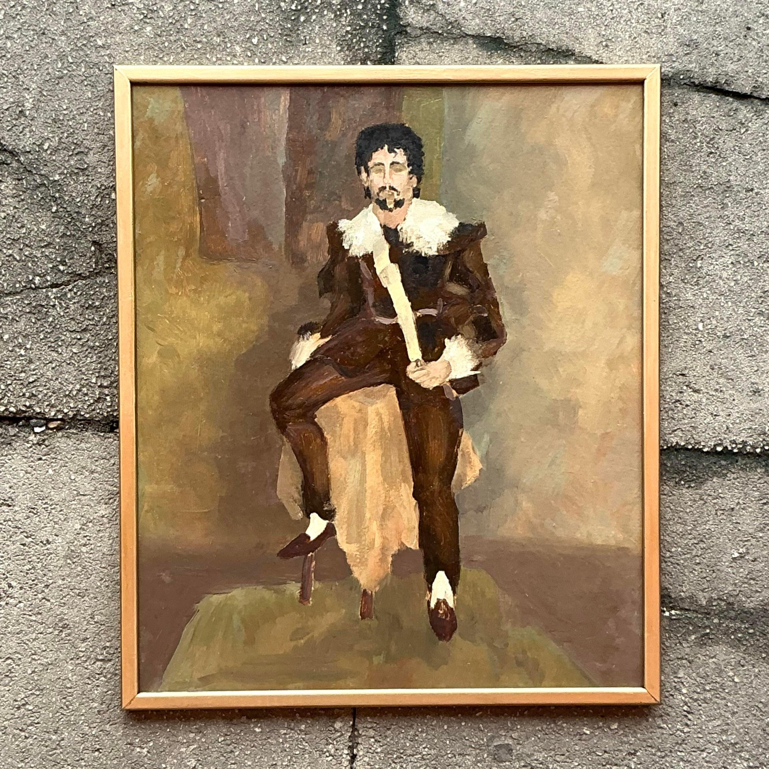 Vintage Boho Original Oil Portrait on Paper For Sale at 1stDibs