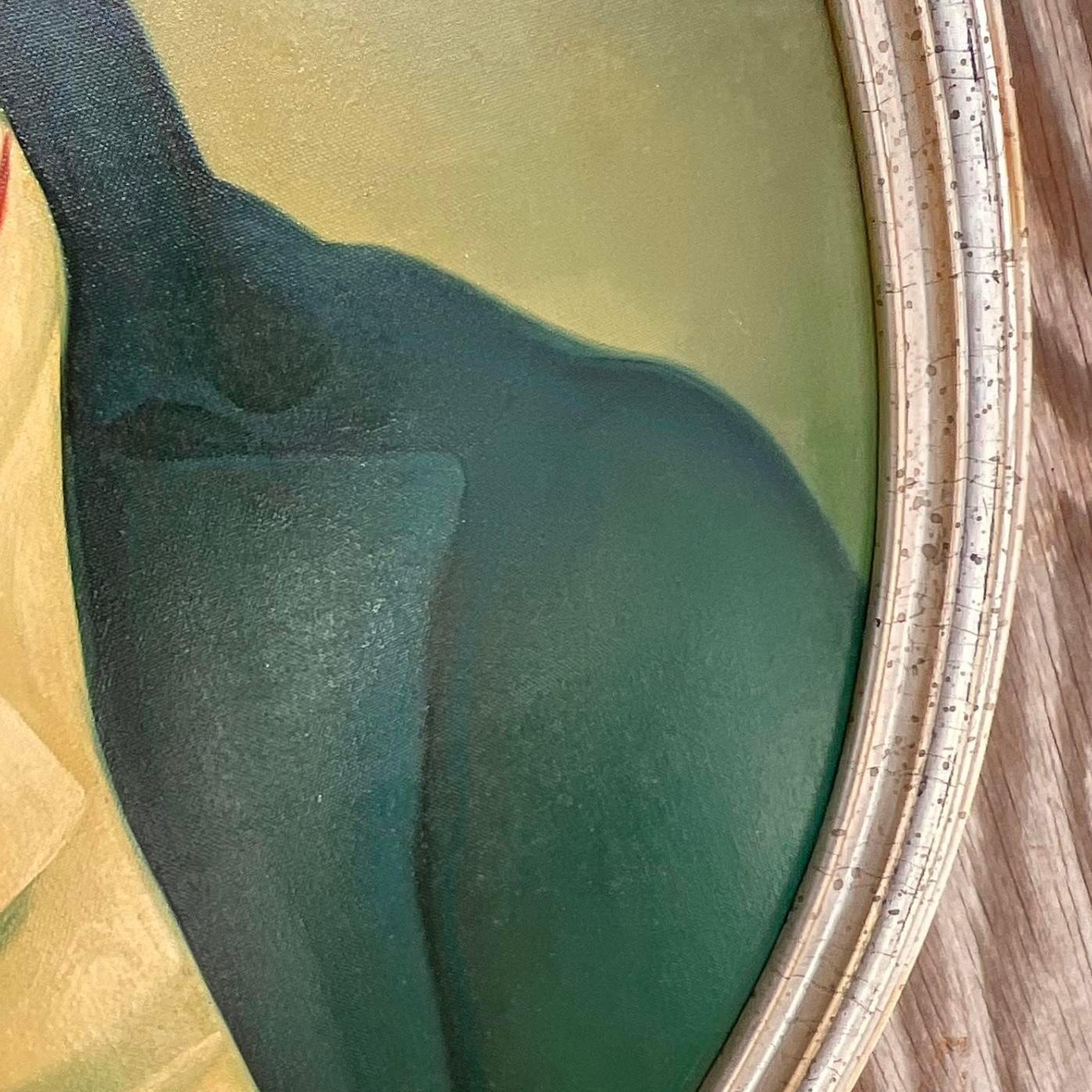 Eleva la tua collezione d'arte con questo ritratto originale ad olio su tela in stile vintage boho. Questo pezzo accattivante è caratterizzato da pennellate ricche e strutturate e da colori vivaci, che fondono il fascino bohémien con la