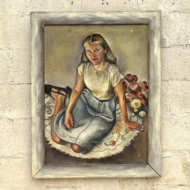 Vintage Boho Original Oil Portrait Painting on Canvas For Sale at 1stDibs