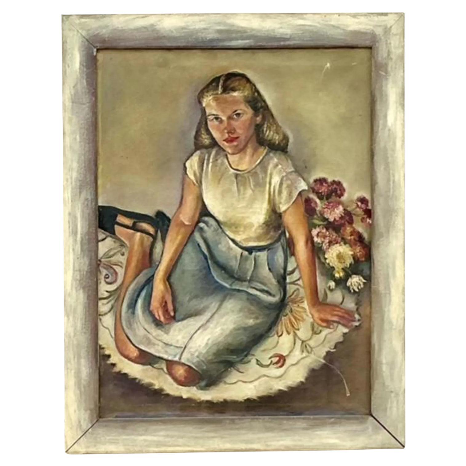 Originales Vintage Boho-Porträtgemälde in Öl auf Leinwand, Vintage