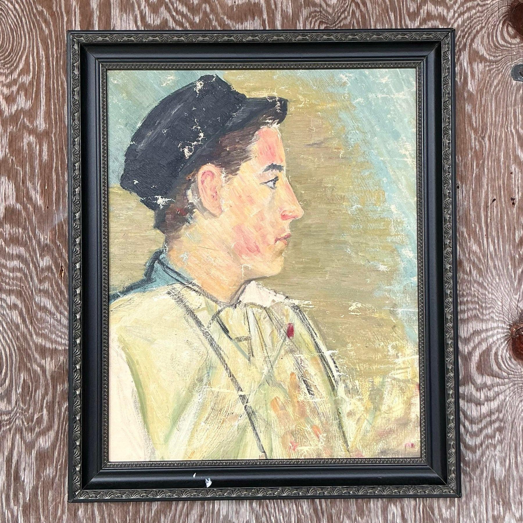 Cette captivante peinture à l'huile vintage présente un portrait de profil, habilement rendu avec des coups de pinceau doux et des tons sourds. L'expression réfléchie du sujet, associée à la technique impressionniste de l'artiste, évoque une