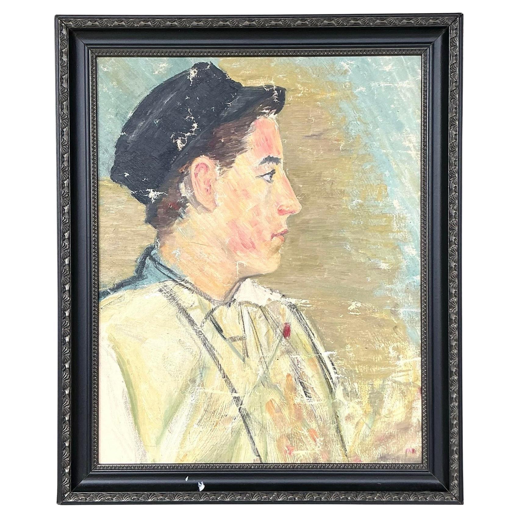 Vintage Boho Original Oil Portrait Painting on Canvas, Framed