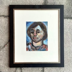 Peinture à l'huile originale de portrait bohème vintage sur papier