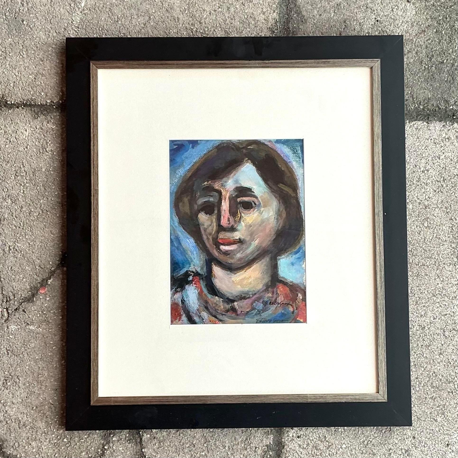American Vintage Boho Original Oil Portrait Painting on Paper For Sale