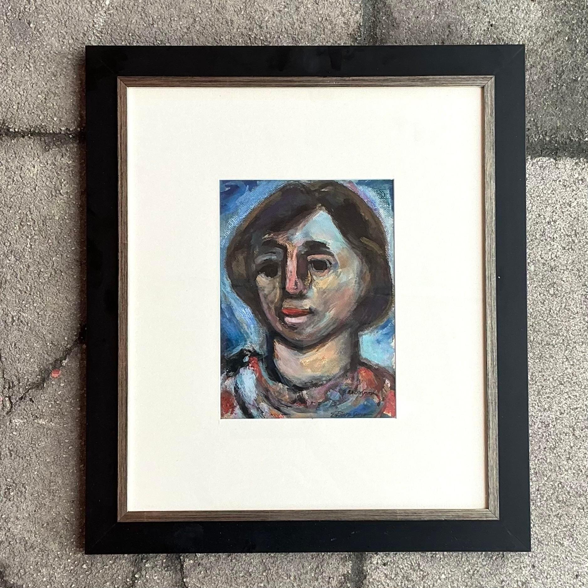 20th Century Vintage Boho Original Oil Portrait Painting on Paper For Sale