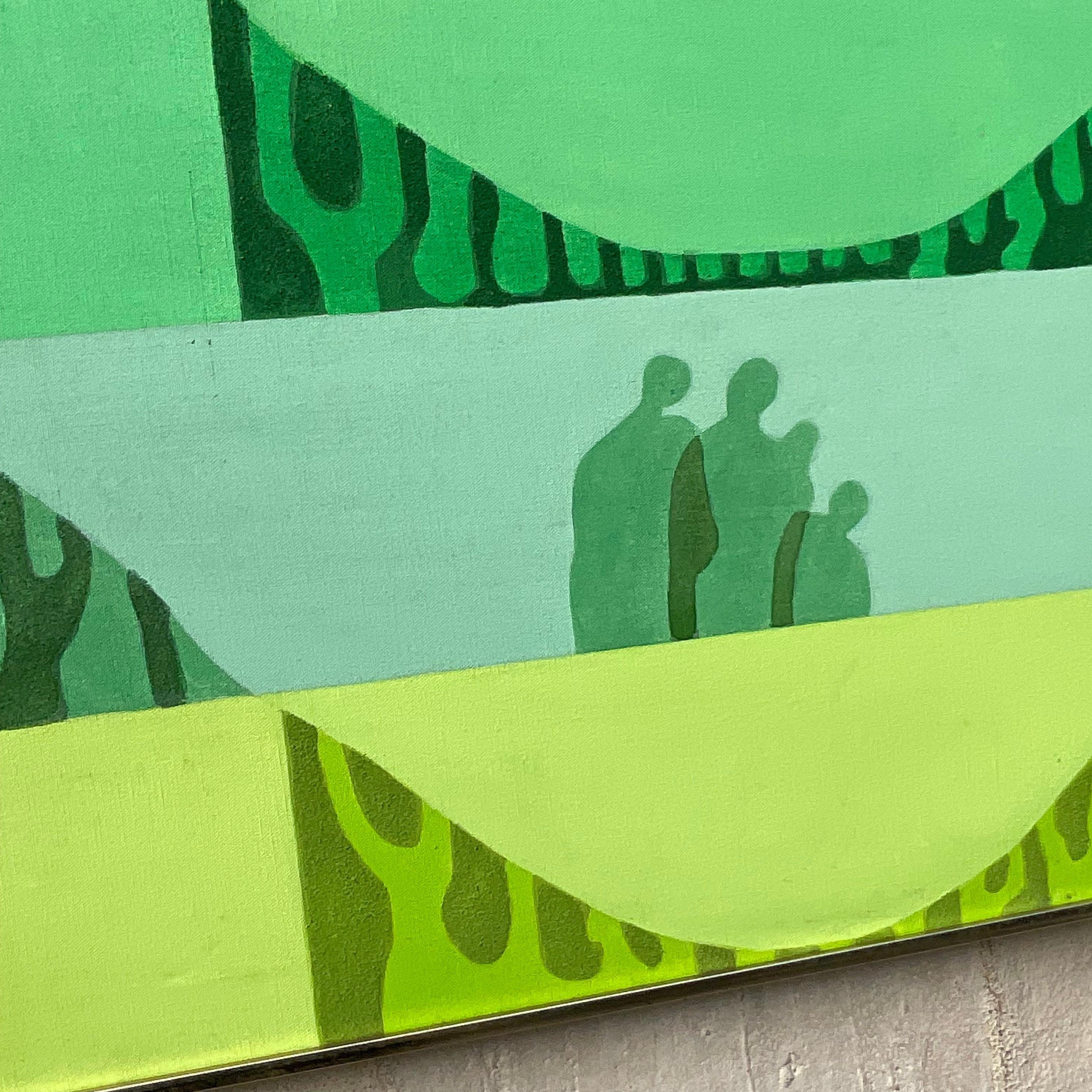 Vintage-Öl auf Leinwand mit einer abstrakten, geschwungenen Figur in Grüntönen, die von oben nach unten heller werden. Die geschwungenen Linien und abwechselnden Farben schaffen ein zum Nachdenken anregendes Muster. Erworben aus einem Nachlass in
