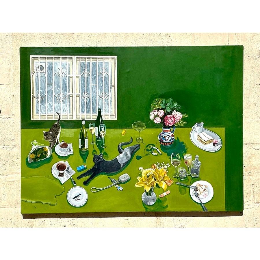 Vintage Boho Original auf Leinwand Tisch in Vintage-Manier im Zustand „Gut“ im Angebot in West Palm Beach, FL