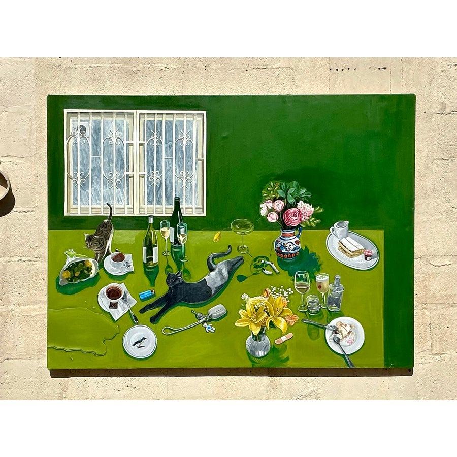 Vintage Boho Original auf Leinwand Tisch in Vintage-Manier im Angebot 1