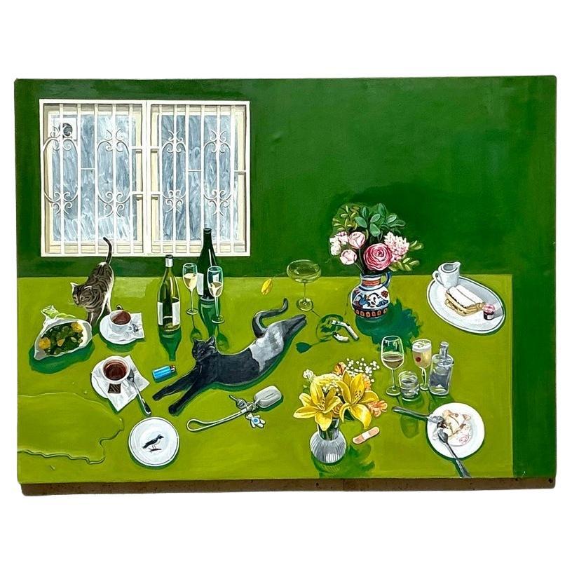 Vintage Boho Original auf Leinwand Tisch in Vintage-Manier im Angebot