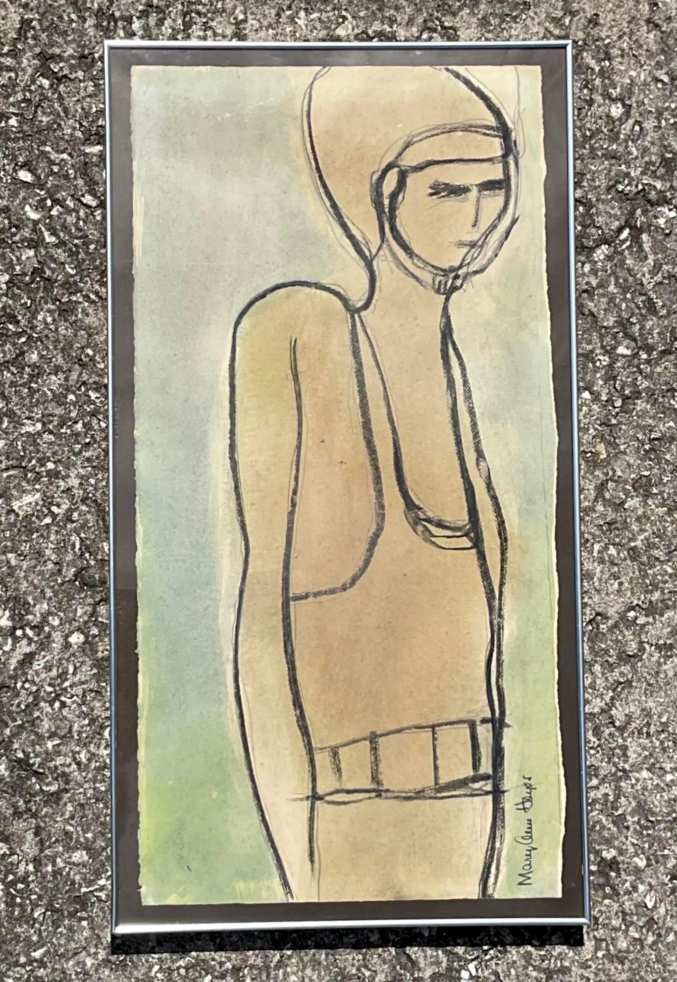 Americano Disegno figurativo vintage Boho originale a pastello e acquerello su carta in vendita