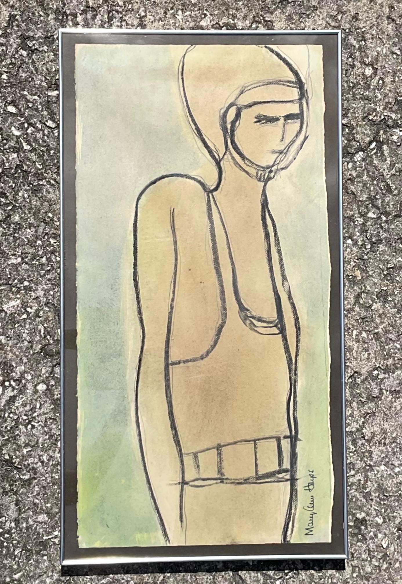 Disegno figurativo vintage Boho originale a pastello e acquerello su carta In condizioni buone in vendita a west palm beach, FL